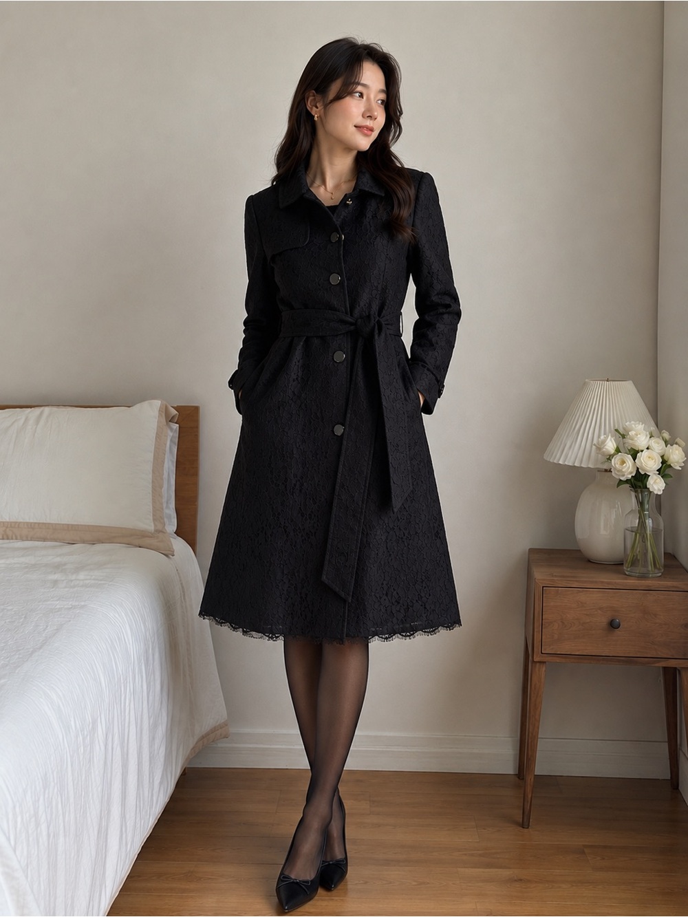 Kate Spade Black Lace Belted Trench Coat